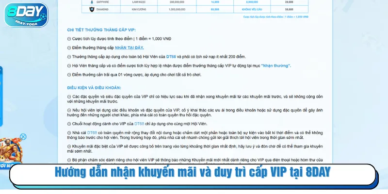 Hướng dẫn nhận khuyến mãi và duy trì cấp VIP tại 8DAY